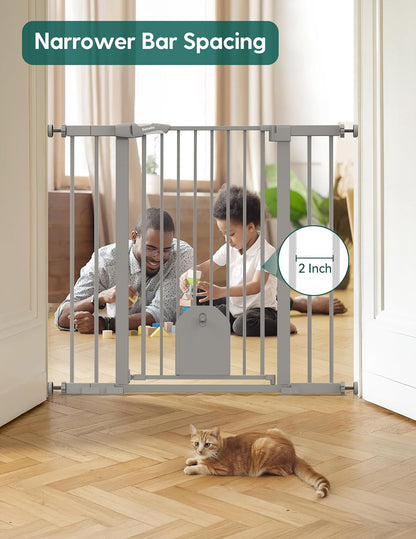 Babelio 36" Tall Auto Close Baby Gate with Small Cat Door, 29-43" Metal Cat Gate for Doorway, Stairs, House. Easy Walk Thru Dog Gate with pet Door, Includes 4 Wall Cups and 3 Extension Pieces, Black