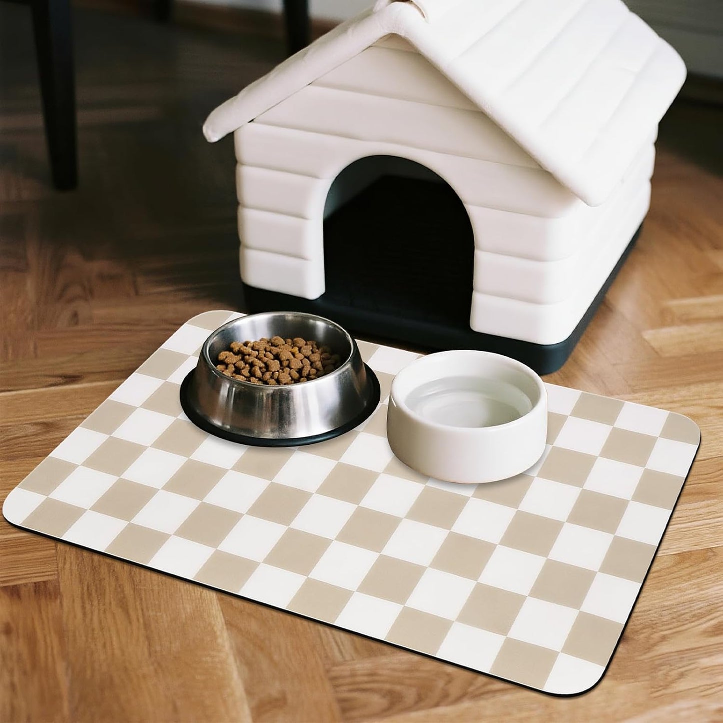 CooRug Checkered Dog Food Mat, Absorbent Leak-Proof Pet Feeding Mat, Quick Dry Cat Food Mat for Messy Drinkers 12" x 20" Khaki