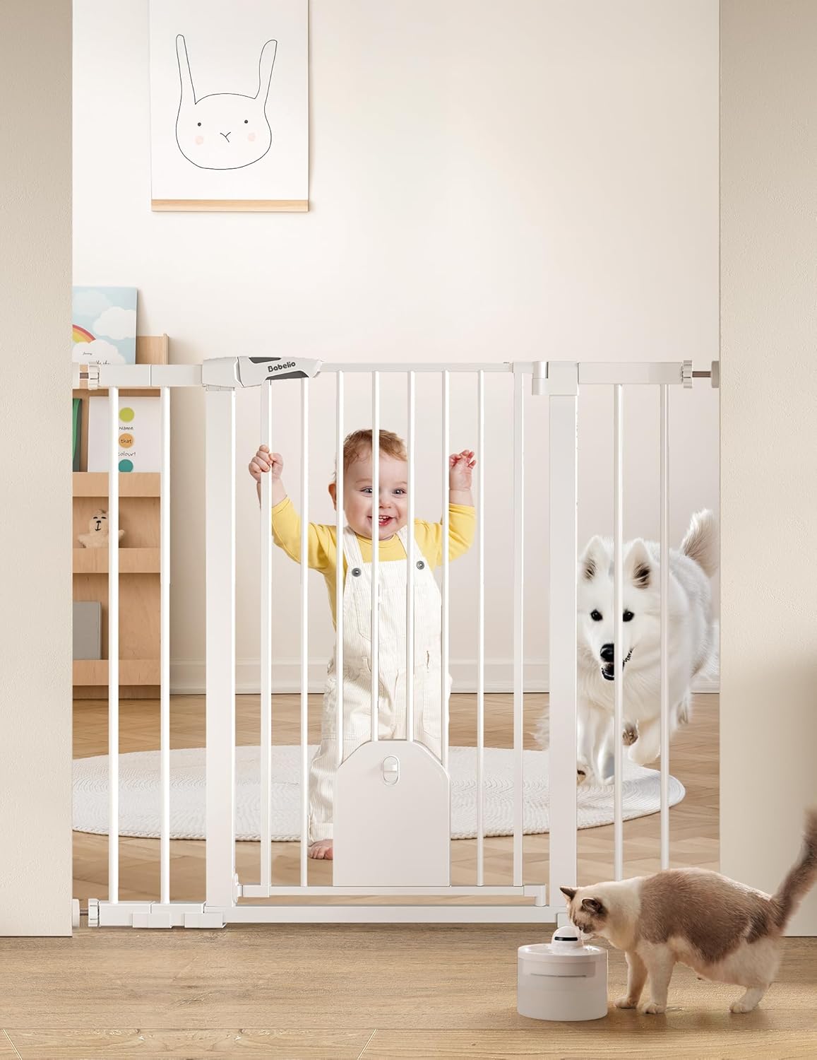 Babelio 36" Tall Auto Close Baby Gate with Small Cat Door, 29-43" Metal Cat Gate for Doorway, Stairs, House. Easy Walk Thru Dog Gate with pet Door, Includes 4 Wall Cups and 3 Extension Pieces, Black