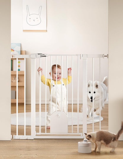 Babelio 36" Tall Auto Close Baby Gate with Small Cat Door, 29-43" Metal Cat Gate for Doorway, Stairs, House. Easy Walk Thru Dog Gate with pet Door, Includes 4 Wall Cups and 3 Extension Pieces, Black