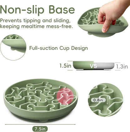 Silicone Slow Feeder Dog Bowl – Pink Bone Pattern | Food-Grade Non-Slip Dog Dish for Anti-Bloat, Fast Eating Prevention, 7.5” x 1.5”, Dishwasher Safe