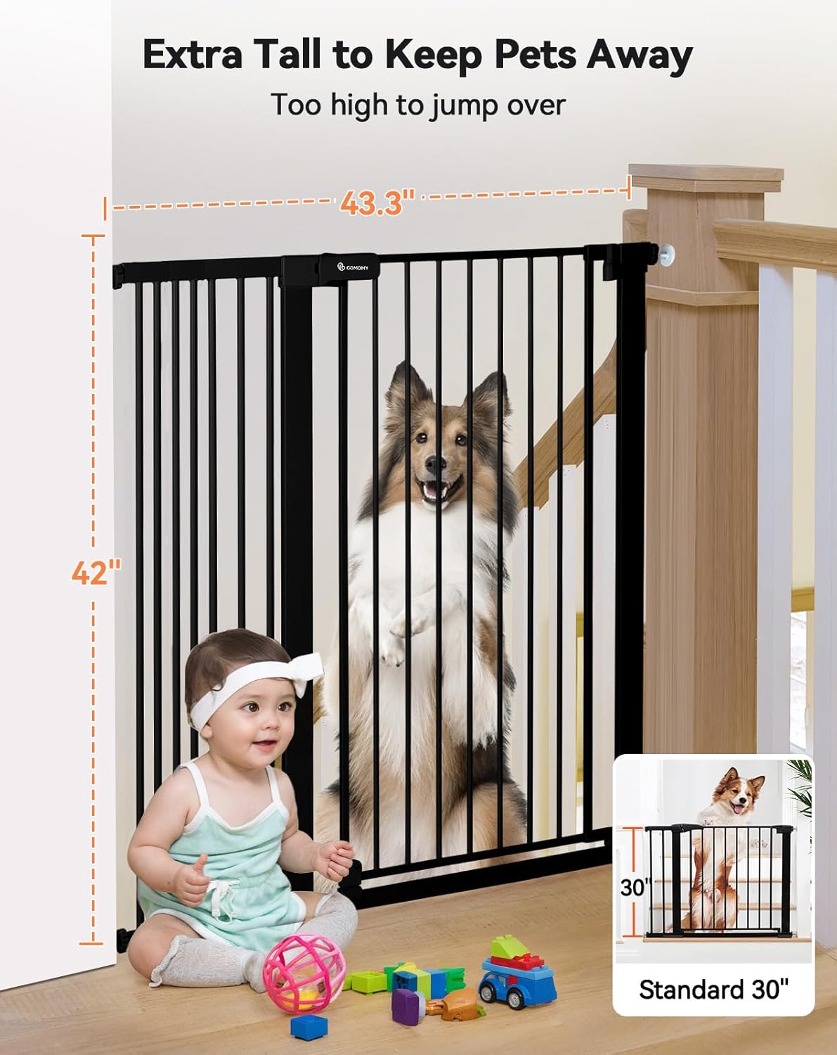 COMOMY 42" Extra Tall Baby Gate for Stairs Doorways, Fits Openings 29.5" to 40.6" Wide, Auto Close Sturdy Safety Dog Gate for House, Pressure Mounted Easy Walk Through Pet Gate with Door, White
