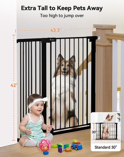 COMOMY 42" Extra Tall Baby Gate for Stairs Doorways, Fits Openings 29.5" to 40.6" Wide, Auto Close Sturdy Safety Dog Gate for House, Pressure Mounted Easy Walk Through Pet Gate with Door, White