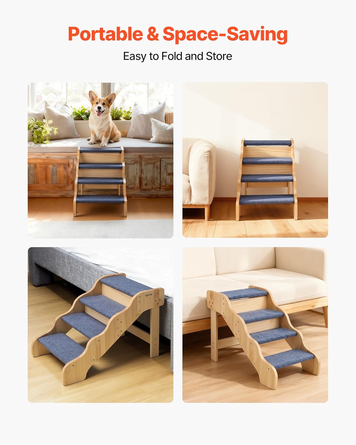 VEVOR Wood Pet Stairs, 2-Step Dog Stairs for Beds, Sofa & Cars, 110lbs Load Capacity, Floded Flat Design, Stable & Sturdy Cat & Dog Step Ladder for Small Medium Large Older Pet Puppy Essentials
