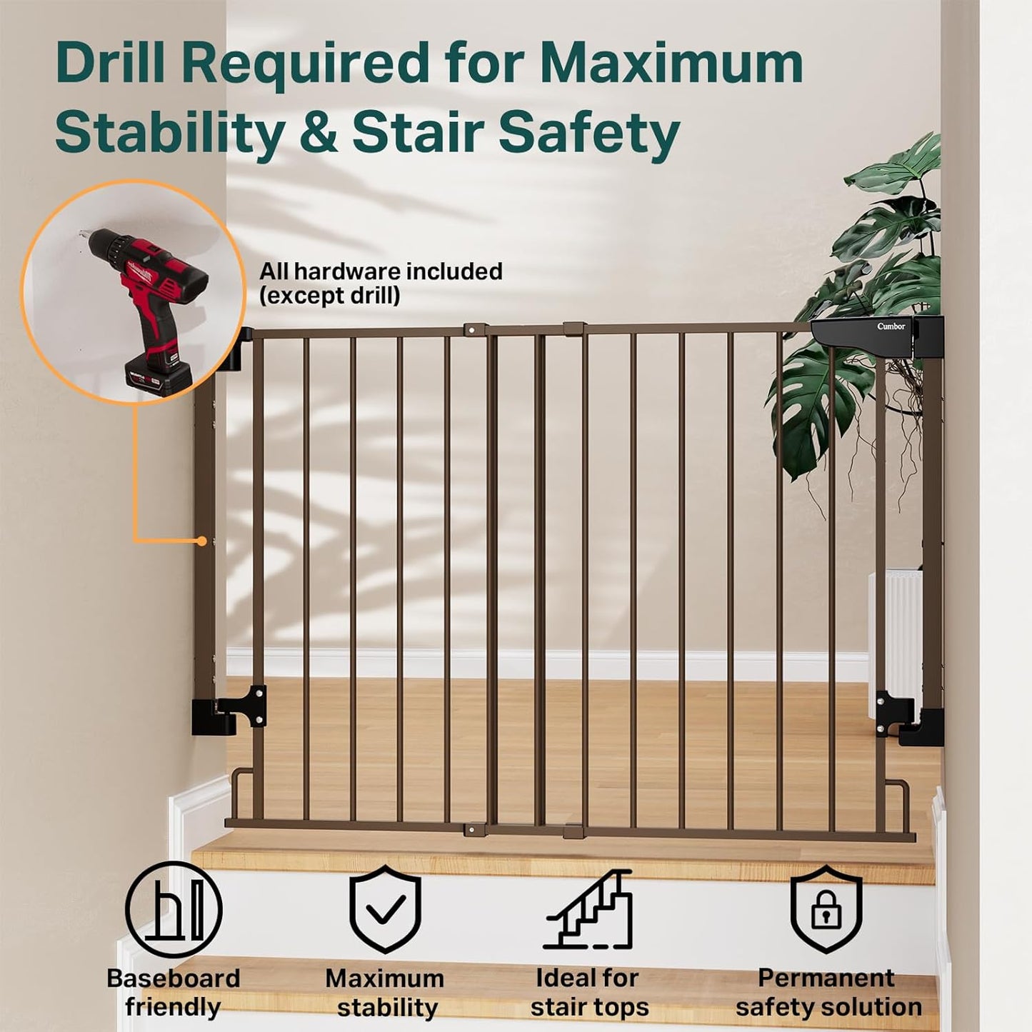 Cumbor 29.2–43" Baby Gate for Stairs, Hardware Mounted (Drill Required), Expandable No Bottom Bar Dog Gate, Auto Close Extra Wide Walk Thru, Pet & Toddler Proof Gate, Top & Bottom of Stairways(Black)