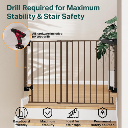 Cumbor 29.2–43" Baby Gate for Stairs, Hardware Mounted (Drill Required), Expandable No Bottom Bar Dog Gate, Auto Close Extra Wide Walk Thru, Pet & Toddler Proof Gate, Top & Bottom of Stairways(Black)