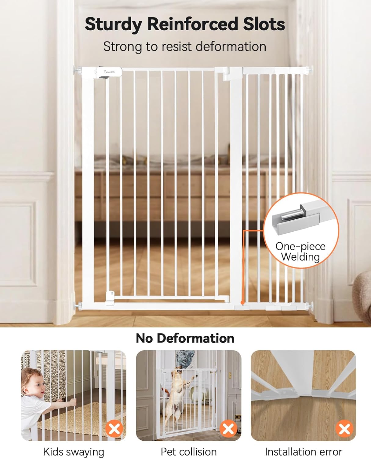 COMOMY 42" Extra Tall Baby Gate for Stairs Doorways, Fits Openings 29.5" to 40.6" Wide, Auto Close Sturdy Safety Dog Gate for House, Pressure Mounted Easy Walk Through Pet Gate with Door, White