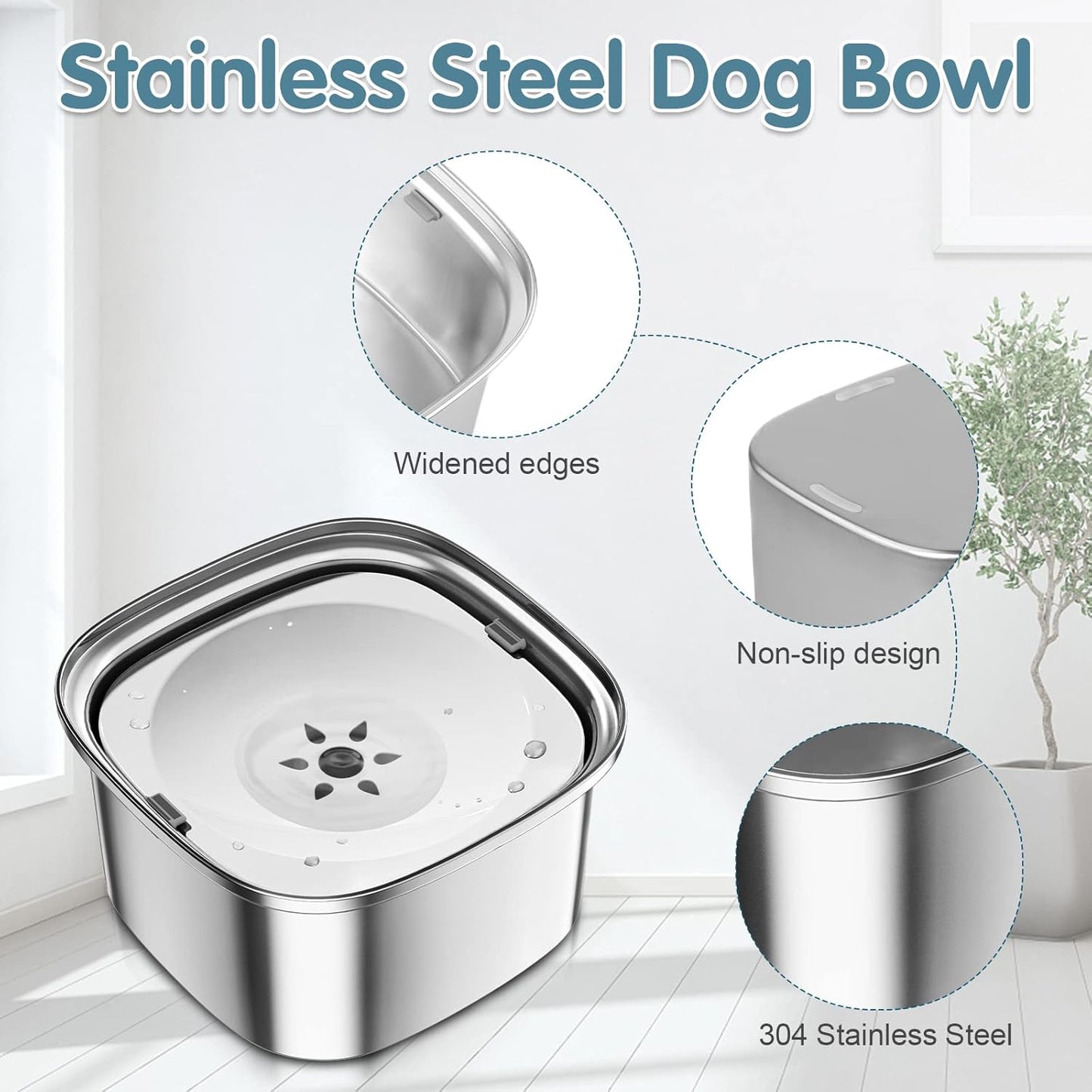 UPSKY 3L Dog Water Bowl 101oz Stainless Steel No Spill Large Capacity Dog Food Water Bowl Slow Water Feeder, Spill Proof Pet Water Dispenser Vehicle Carried Travel Water Bowl