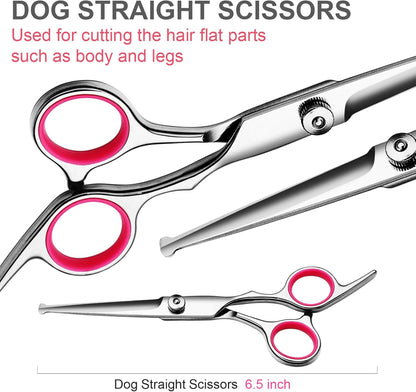 FAIGEO Dog Grooming Scissors with Safety Round Tips Stainless Steel Professional Dog Grooming Kit - Thinning, Curved Scissors and Comb for Cat Pet (Pink 4 in 1)