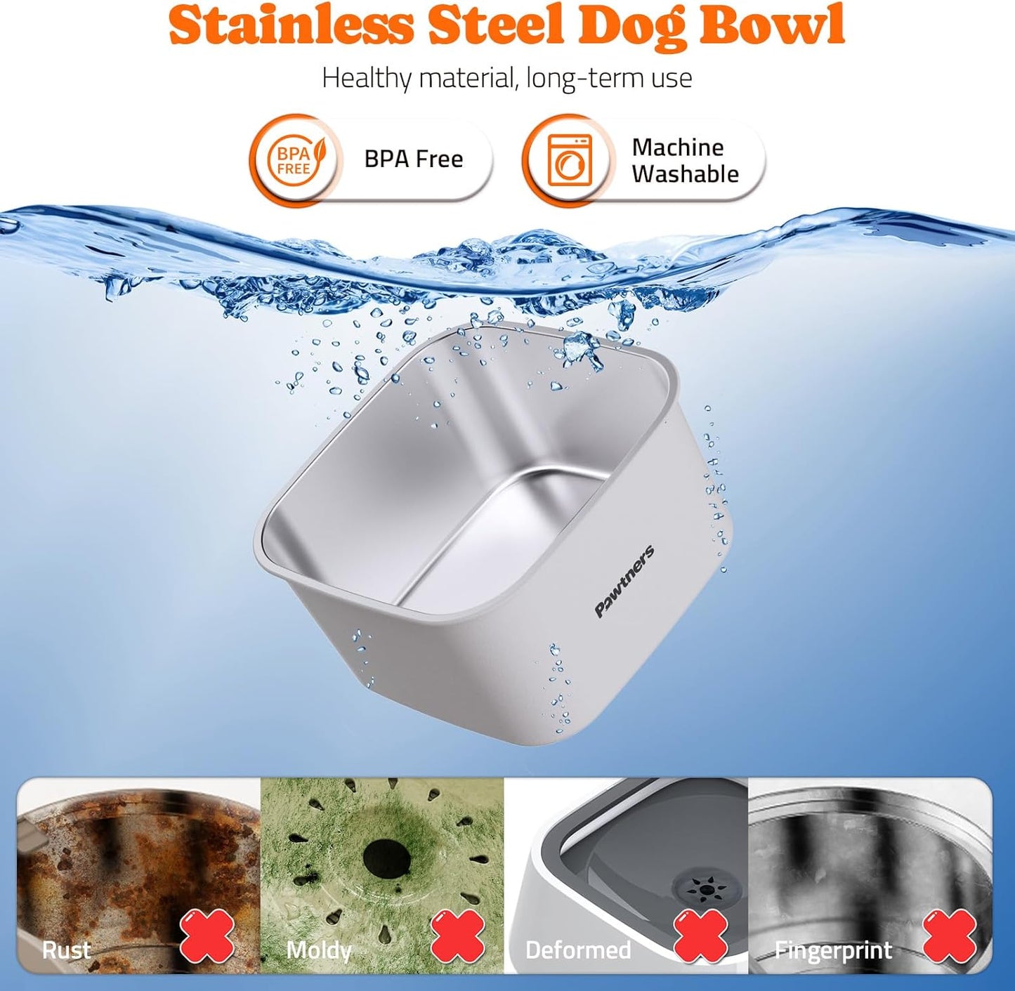 Pawtners All Stainless Steel Dog Water Bowl No Spill,135oz Anti-Splash Dog Bowl with Non-Slip Base, Spill Proof for Medium Large Messy Drinkers, Slow Drinking, Slobber Stopper,Easy to Clean