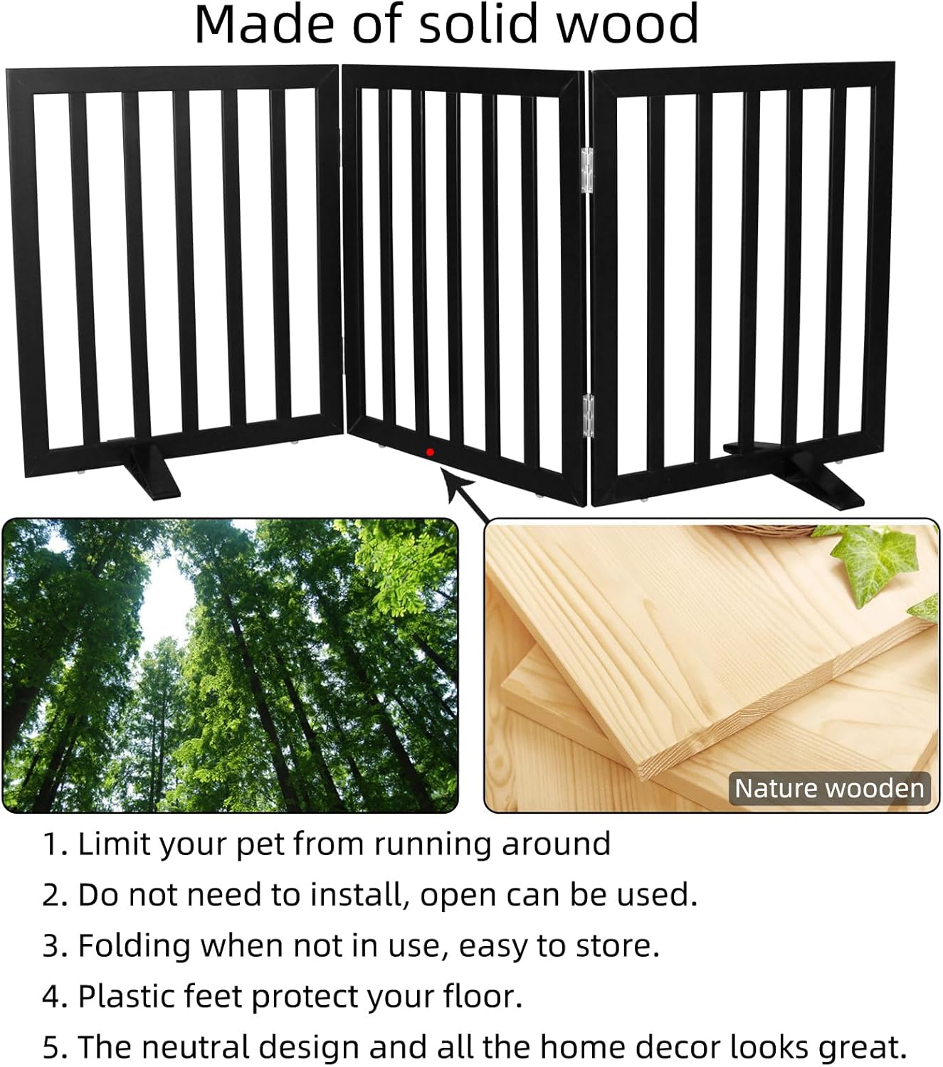 ZJSF Freestanding Indoor Dog Gate for House Foldable Wood Puppy Gate for Doorways Pet Gate for Stairs Extra Wide Pet Fence, Brown, 24" Height 3 Panels