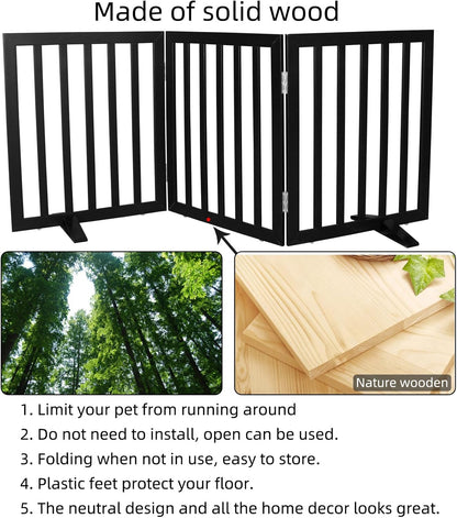 ZJSF Freestanding Indoor Dog Gate for House Foldable Wood Puppy Gate for Doorways Pet Gate for Stairs Extra Wide Pet Fence, Brown, 24" Height 3 Panels