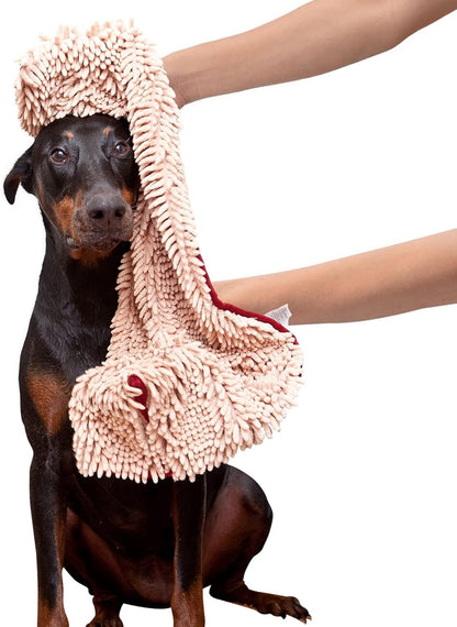 Soggy Doggy Super Shammy Dog Towel – Absorbent Microfiber Chenille Pet Towel for Drying Wet Dogs, Paws, Quick Dry Dog Shammy with Hand Pockets, Machine Washable – Chocolate/Oatmeal Trim, 31” x 14”