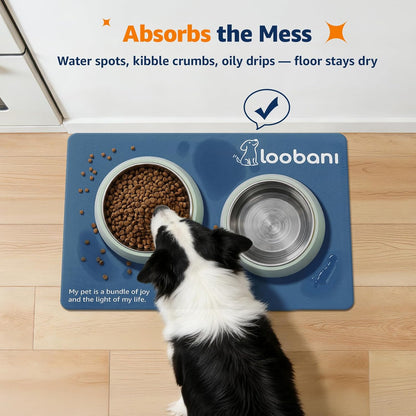 LOOBANI Dog Food Mat for Floors Waterproof 17.3"x17.3"- Absorbent Dog Bowl Mat for Food and Water Bowl, Leakproof Rubber Backing, Dog Feeding Mat for Dog, Cat, Pet (17.3"x17.3", Dark Blue)