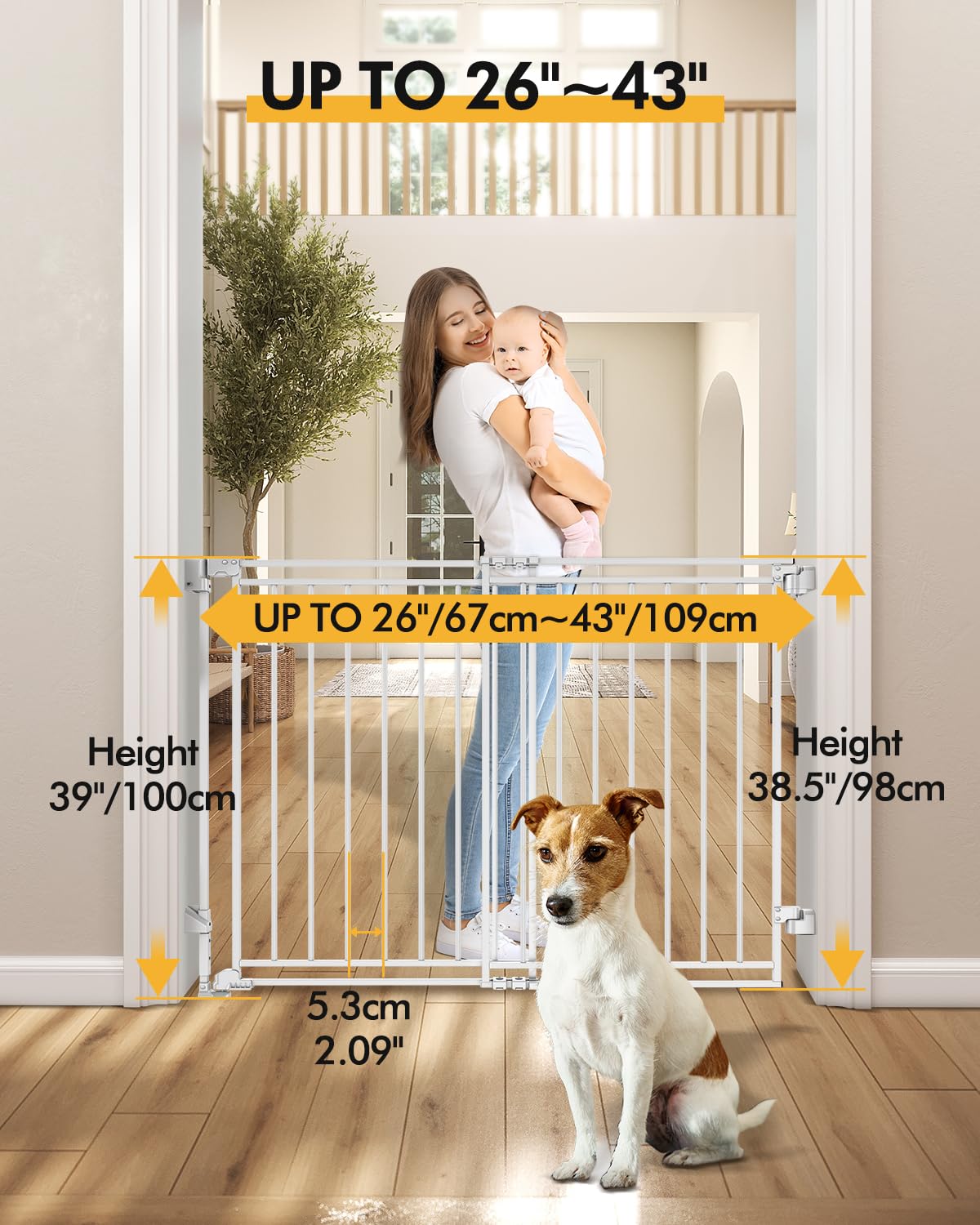 Extra Wide Baby Gate for Doorways 29" Tall Safety Gate for Kids&Pets,Pressure Mounted with Auto Close,Walk-Thru Metal Gate,Adjustable Width 26.4"-43",Indoor Pet Gate for Stairs & Hallways Black