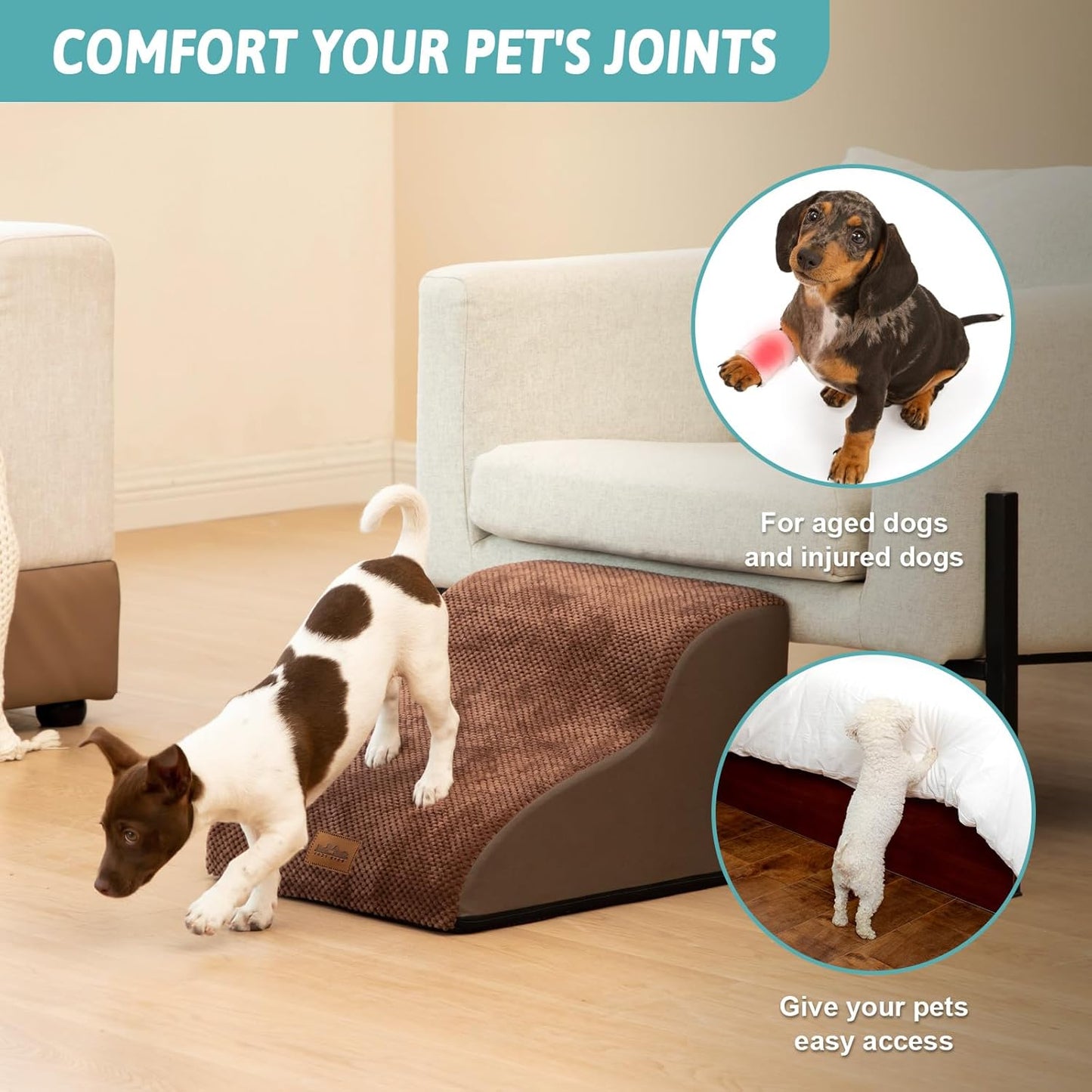 COZY KISS Dog Stairs for Small Dogs 15.7" H, Curved Dog Step for Puppy, Older Cat, Medium Pet Ramp for Sofa, Couch or Chair, Ladder with High Density Foam, 3 Step, 15.7x22.4x15.7 inch, Beige