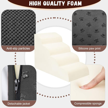 Dog Stairs for Small Dogs - High Density Foam Dog Ramp, Extra Wide Pet Steps with Non-Slip Bottom for High Beds, Couche and Sofa, Best for Pet Injured, Older Dogs Cats (Grey, 4 Steps)