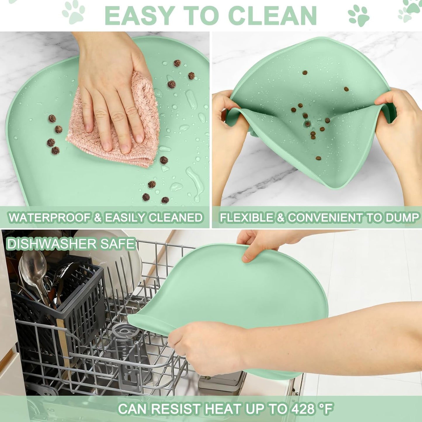 Small Silicone Pet Food Mat with Raised Edge for Food and Water Bowl, Square Dog Feeding Mats, Cat Food Trays for Floor Waterproof, Rubber Tray for Dogs and Cats, 12 x 12 x 0.7 Light Olive Green