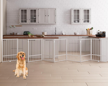 4 Panels Full Metal Freestanding Dog Gates with Door, 80” W x 32” H Folding Pet Gate Fence with Support Feet for Indoor,Stairs, Hallways and Doorways(Black)