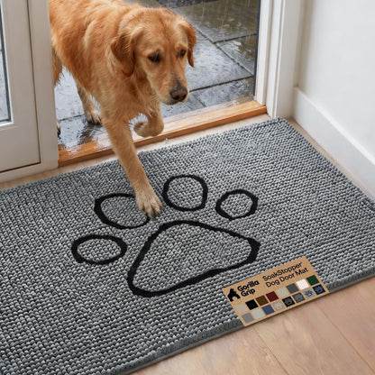 GORILLA GRIP SoakSTOPPER Dog Door Mat, 30x20 Machine Washable Rug Absorbent Doormat Captures Moisture Mud Dirt, Quick Dry Soft Chenille Entryway Rugs Indoor Entrance Mats for Dog Paws, Paw Grey