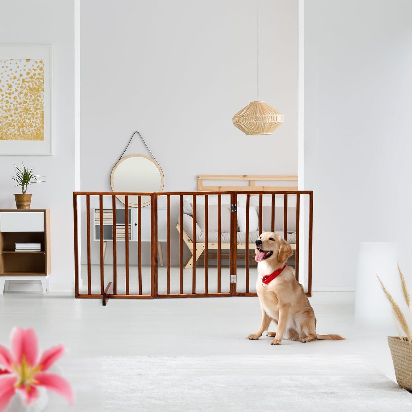 4 Panels Wooden Dogs Fence,Free Standing Pet Gate for Dog Cat,Wooden Indoor Foldable Dog Gate,Wide Pet Puppy Safety Fence,with Support Feet,for Hallways, Stairs, Doorways, Halls, Kitchen (Brown)