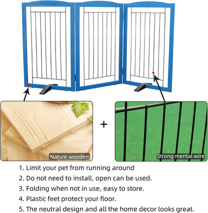 ZJSF Freestanding Dog Fence Indoor, Foldable Dog Gate for Doorways, Stairs or Hallways, Sturdy Wood Extra Wide Pet Gate with Support Feet for The House, White, 24 "Height-3 Panels