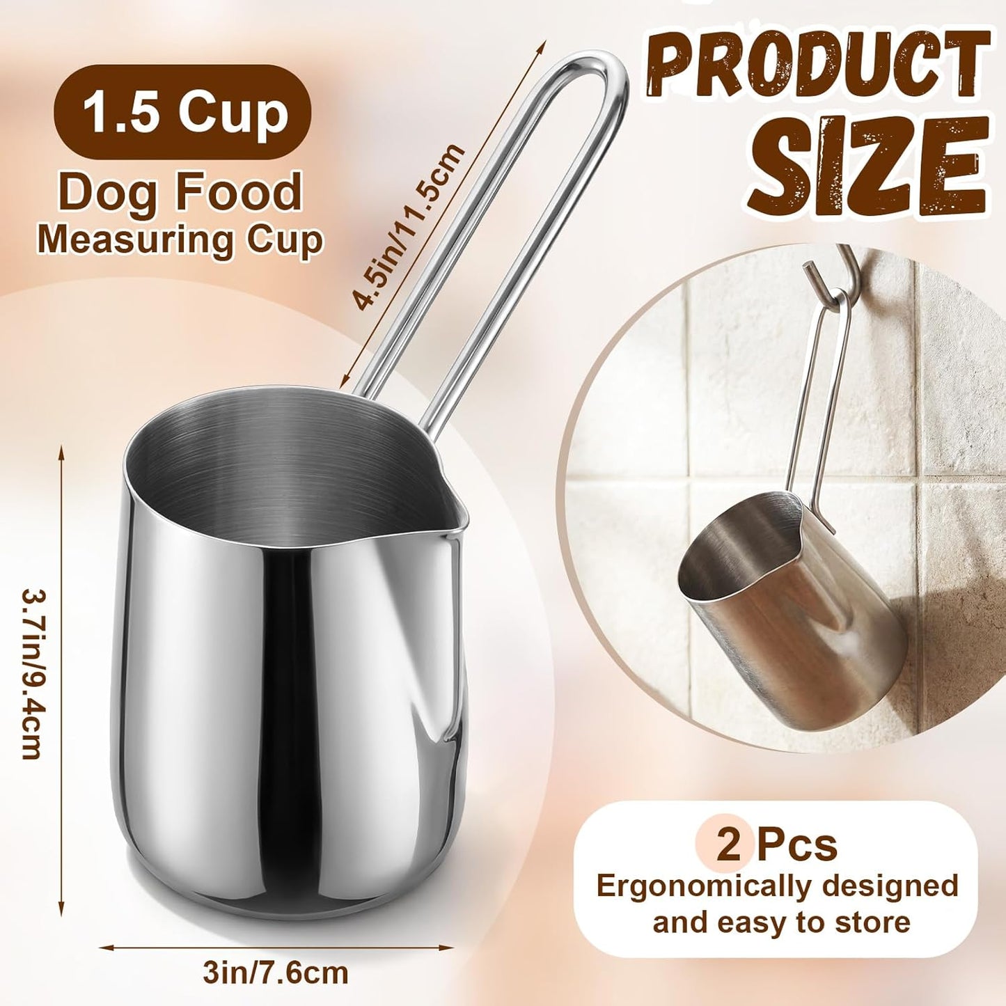 Zonon 2 Pieces 1.5/12 oz Cup Dog Food Stainless Steel Scoop, Durable Metal Dog & Cat Food Cup with Ergonomic No-slip Grip, Easy-clean, Rust-resistant Convenient for Bucket Pet Animal Feeds (Novel)