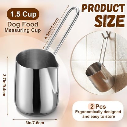 Zonon 2 Pieces 1.5/12 oz Cup Dog Food Stainless Steel Scoop, Durable Metal Dog & Cat Food Cup with Ergonomic No-slip Grip, Easy-clean, Rust-resistant Convenient for Bucket Pet Animal Feeds (Novel)