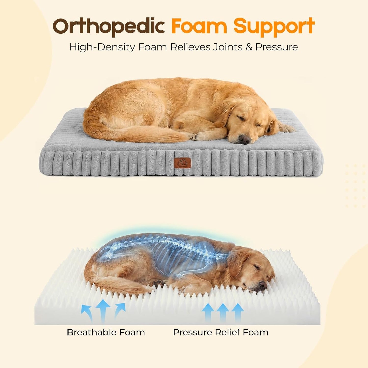 Orthopedic Dog Bed for Large Dog, Waterproof Pet Bed,Non-Slip Bottom and Egg-Crate Foam with Removable Washable Cover Crate Bed,Cream,36"x27"x3"