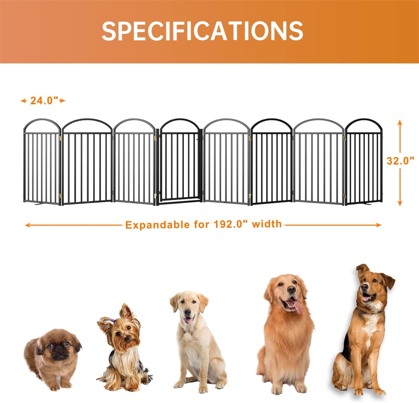 SNUOWU 4 Panels Full Matel Freestanding Dog Gates with Door, 96"Extra Wide 32"Tall Free Standing Dog Pet Gate for Indoor & Outdoor. Foldable Pet Fences for Doorways, House, Stairs, Porch, Deck, Yard
