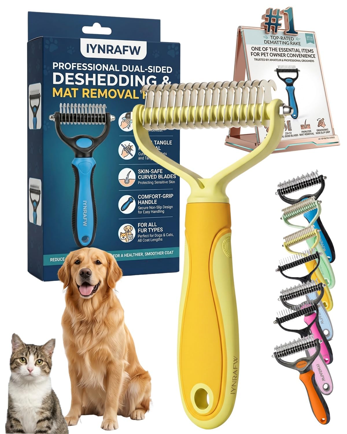 Pet Pro Grooming Tool Dual Tooth Pet Grooming Comb Undercoat Rake for Dogs Cats Long Hair Deshedding Tool Dematting Brush Double Sided Stainless Steel Teeth Remover Mats Tangles Loose Fur