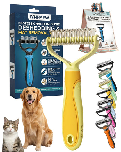 Pet Pro Grooming Tool Dual Tooth Pet Grooming Comb Undercoat Rake for Dogs Cats Long Hair Deshedding Tool Dematting Brush Double Sided Stainless Steel Teeth Remover Mats Tangles Loose Fur