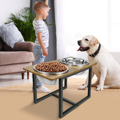 Spacnom Elevated Dog Bowls for Large Dogs, Raised Dog Bowl Stand with Two X-Large Stainless Steel Bowls for Dogs, 3.5L Capacity, Rustic Walnut
