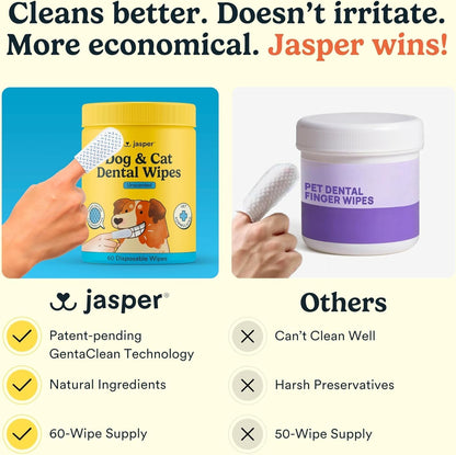 Jasper Dog Dental Wipes, Vet-Recommended Natural Cat & Dog Teeth Cleaning Wipes Dog Teeth Cleaner, Disposable Wipes Fresh Breath PlaqLift Technology Attacks Plaque and Buildup, Coconut, 60 Count