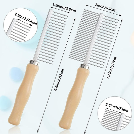 2 Pcs Dog Metal Combs Cat Wooden Handle Grooming Combs Stainless Steel Hairbrush Double Side Metal for Pet Dog Grooming Brush Pet Flea Hairbrush for Long Short Hair Fur Brush Tool