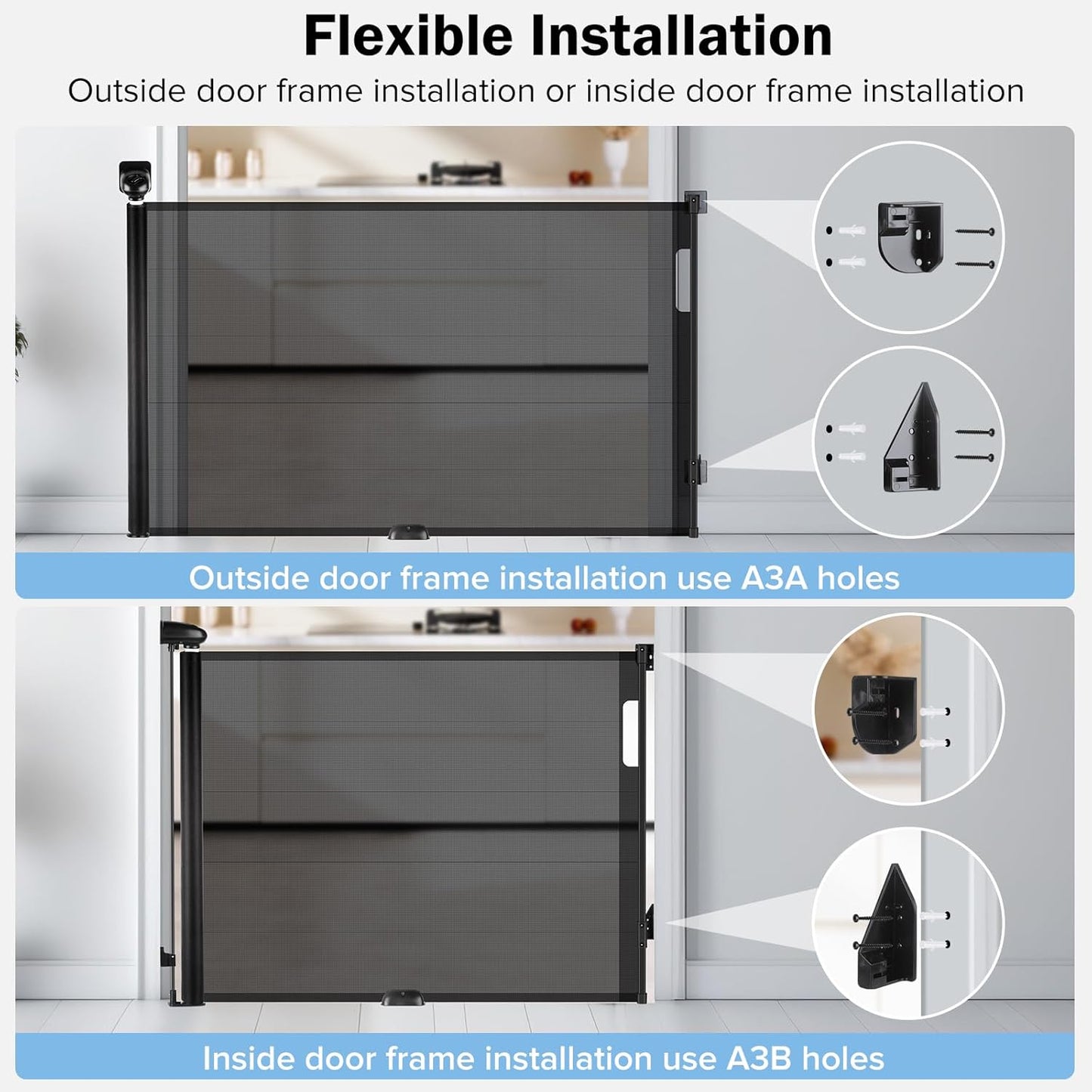 Retractable Baby Safety Gate, 33.8" Tall Extends to 55" Wide, Dual Lock, Adjustable Mounting, Extendable Pet Gate for Hallways, Stairs, Indoor & Outdoor（Black）