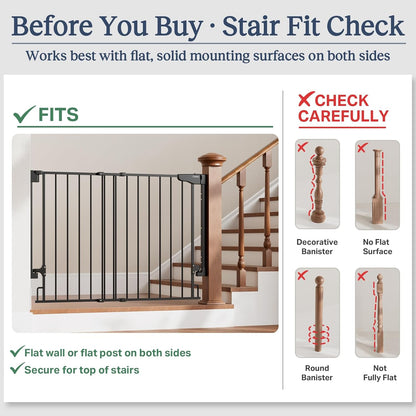 Cumbor 29.2–43" Baby Gate for Stairs, Hardware Mounted (Drill Required), Expandable No Bottom Bar Dog Gate, Auto Close Extra Wide Walk Thru, Pet & Toddler Proof Gate, Top & Bottom of Stairways(Black)