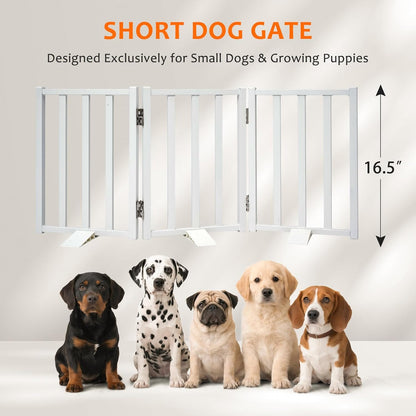 Snagle Paw Short Dog Gate,16.5" Tall Freestanding Metal Dog Gate Only for Small Dogs with Support Feet Easily Step Over,Up to 48" Wide Puppy Gate Indoor for Stairs,Doorways(Black,4 Panel)