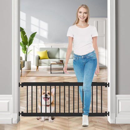 Dog Gate Indoor,18"-45" Adjustable Extra Wide Metal Short Dog Gate to Step Over, 18" Tall Small Pet Gate with 3 Extension Kits, Pressure Mounted Gate for Doorways & Stairs Black