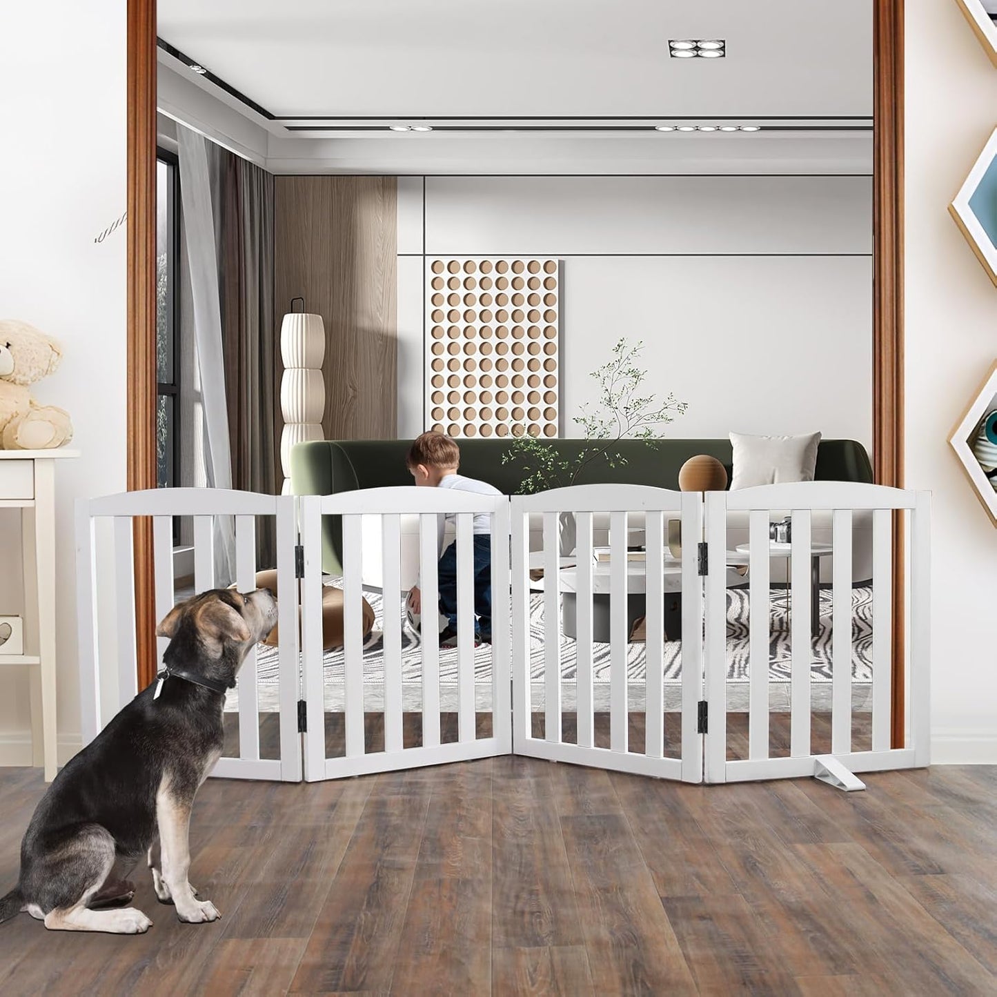 ZJSF Foldable Freestanding Indoor Dog Gate for House Wood White Long Pet Gates Dog Fence for Stairs Puppy Gates for Hallways,Pet Fence, Puppy Gate,Support Feet Included 24 "Height-3 Panels