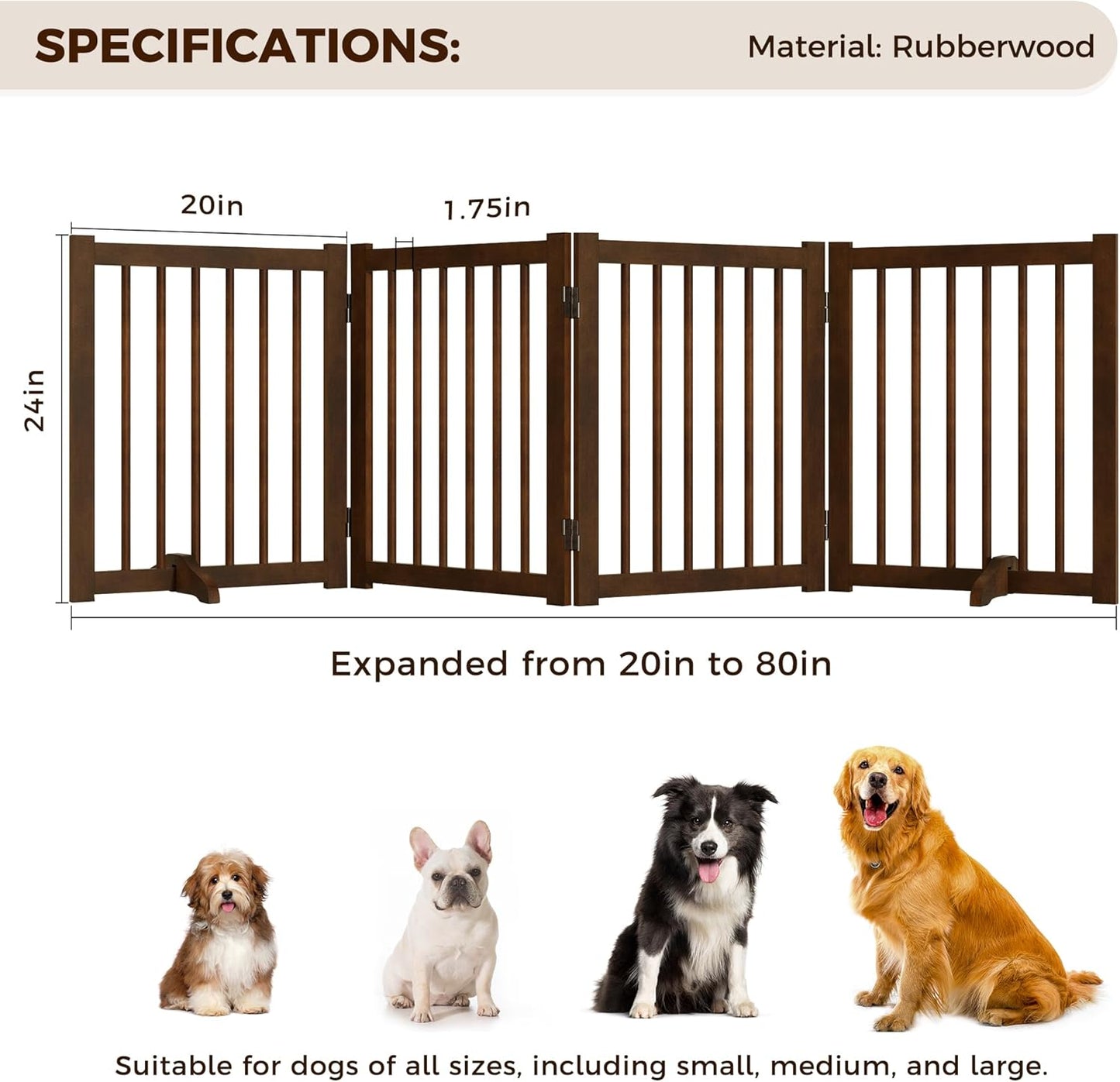36" H Freestanding Dog Gate, Solid Wood Foldable Pet Gate with Support Feet, Wooden Tall Dog Gate for Doorway, Stairs & Indoor Use, 60" Wide Expandable Pet Fence, 3 Panels, Walnut