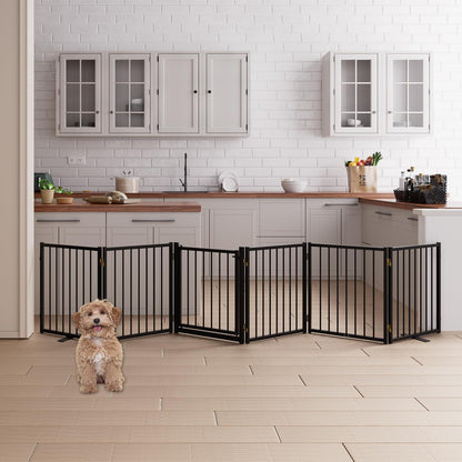 4 Panels Full Metal Freestanding Dog Gates with Door, 80” W x 32” H Folding Pet Gate Fence with Support Feet for Indoor,Stairs, Hallways and Doorways(Black)