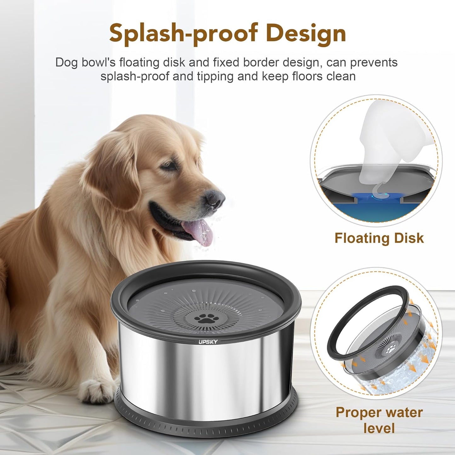 UPSKY 2.5L Dog Water Bowl, No Spill Dog Water Bowl, Stainless Steel Spill Proof Slow Water Feeder,No Splash Water Bowl with Anti-Slip Mat for Messy Drinkers Grey, D.2.5L