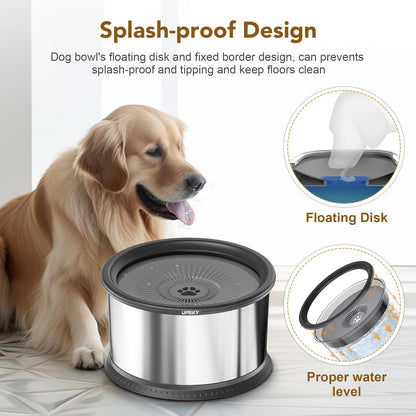 UPSKY 2.5L Dog Water Bowl, No Spill Dog Water Bowl, Stainless Steel Spill Proof Slow Water Feeder,No Splash Water Bowl with Anti-Slip Mat for Messy Drinkers Grey, D.2.5L