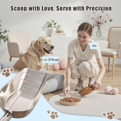 Dog-Cat Food Scoop 1 Cup – Thickened 304 Stainless Steel Pet Food Scoop with Long Handle, Precision Scale, Easy to Clean, Suitable for Wet Dry Food