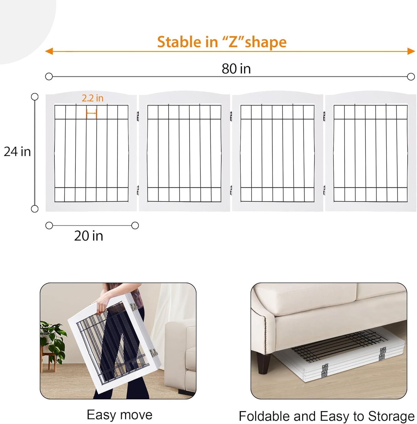 LZRS 2-Panel Freestanding Foldable Wood Dog Gate – Solid Wood & Steel Wire, Chew-Resistant Pet Barrier for Indoor Use, Ideal for Small to Medium Dogs, White