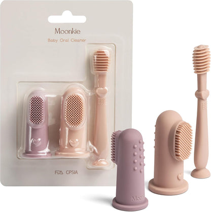Moonkie Baby Finger Toothbrush Tongue Oral Cleaner Kit for 3 Months +, 3 Pcs (Clay/Ivory/Clay)