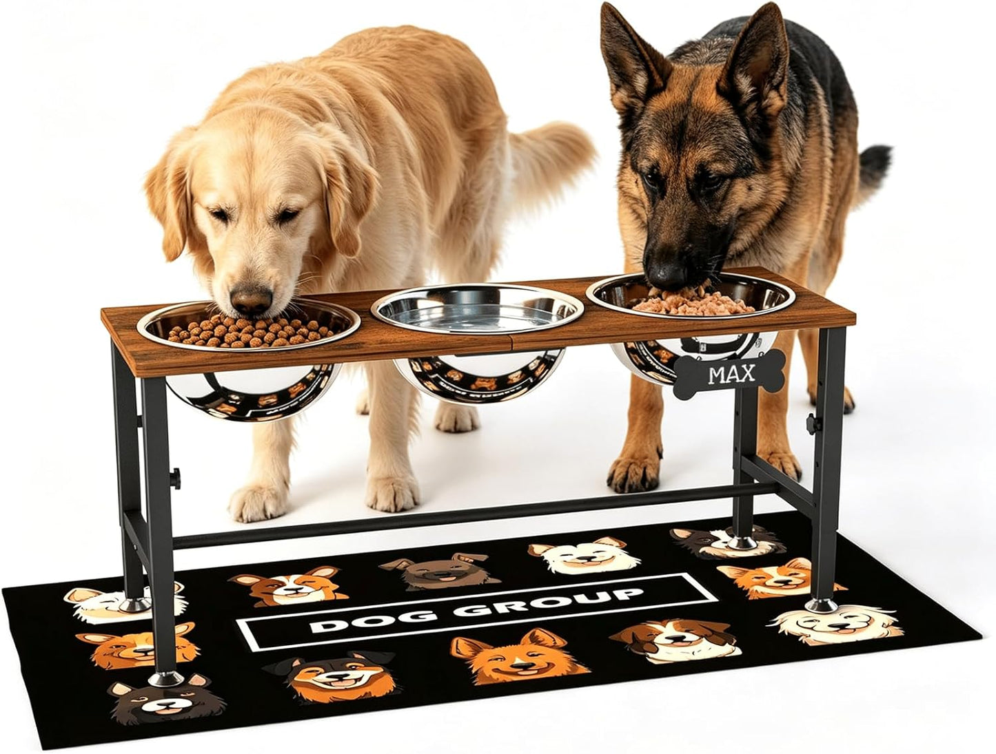 ADENGL Metal Raised Dog Bowl, 10" Tall Elevate Dog Feeder Stand with 2 Stainless Steel 42oz Bowls & 16x24 Non-Slip Mat – Stronger Dogs Food & Water Bowl Stand (Black)