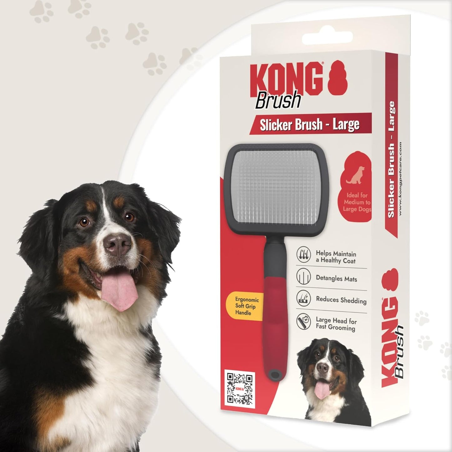 KONG Double-Sided Rake & Deshedding Tool – Detangling & Shedding Control, Rounded Metal Tips, Non-Slip Grip, for Medium to Large Dogs with Medium to Long Coats, Red/Gray