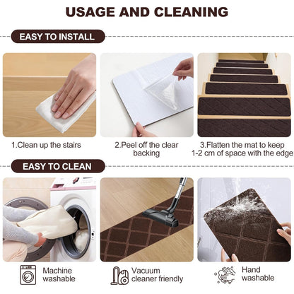 Stair Treads for Wooden Steps, 8" x 30" Non Slip Stair Runner, Peel and Stick Carpet Stair Treads with Reusable Adhesive, Indoor Stair Rugs Covers Mats Pads for Kids Elders Dogs, Brown 15Pcs